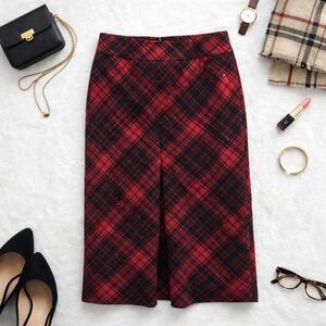 Talbots Red Black Wool BlendTarton Plaid Lined Pockets Midi Skirt. Ladies 10 P